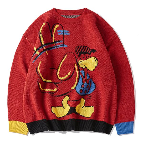 

new hip hop hand drawn duck print knitted men women 2021 cotton harajuku sweater oversized streetwear loose pullover unsiex ikad, White;black