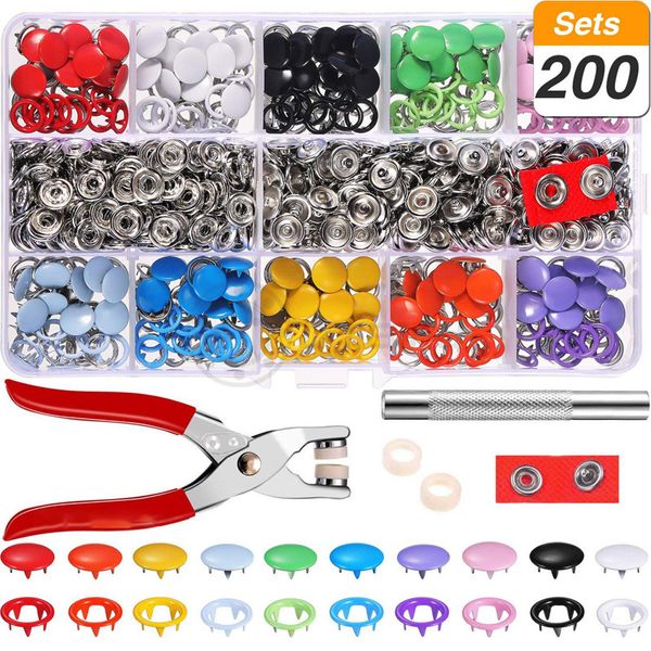 200 pcs multicolor PRONG SNAP BOTÕES + 1PC Alicate Fasteners Metal Press Press Stud Installation Ferramentas para roupas de bebê 9.5mm y200321