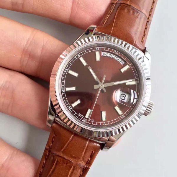 

brown date day series 118138l model 36mm sapphire mirror automatic movement leather strap original buckle, Slivery;brown