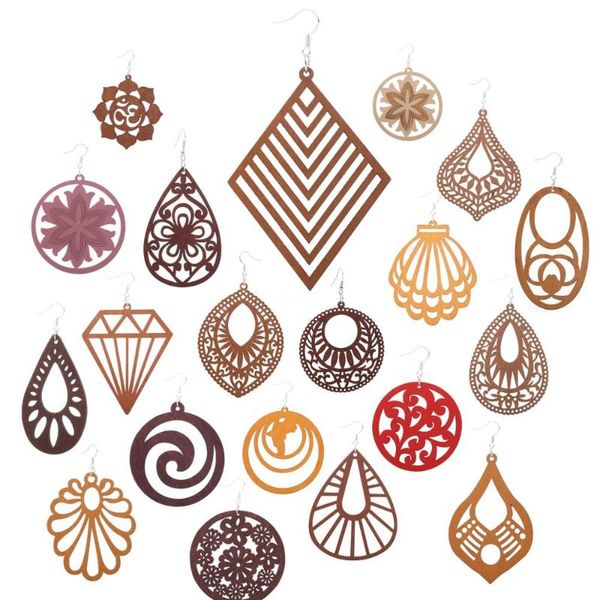 

roform wholesale price lot mixed random good quality bohemia wooden earrings organic brown hollow african women wooden brincos, Silver