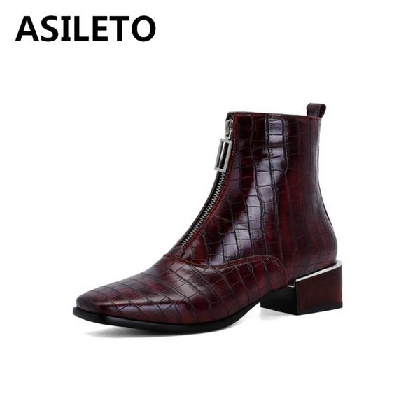 

boots asileto women ankle square toe low heel zip snake-skin western pu big size 34-48 autumn winter date casual s2077, Black