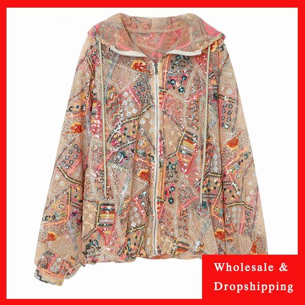 

summer women's loose casual sequin embroidery hooded coats lace straight long sleeve cardigan jacket outerwear, Black;brown