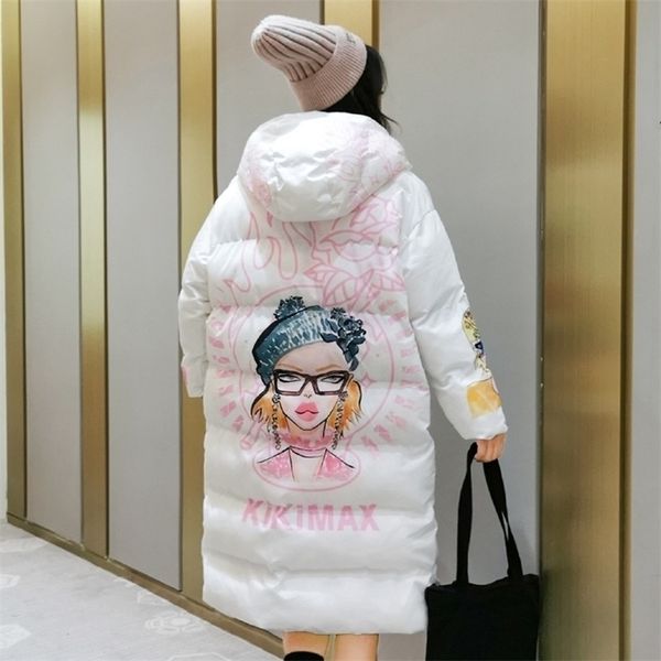 

winter jacket women fashion print hooded cotton parka thick warm overcoat long winter coat womens casual loose jackets parkas 201201, Black