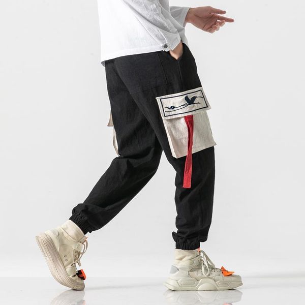 

embroidery japanese harajuku style country tide hip-hop tooling casual beam foot harem pants male chinese retro style1, Black