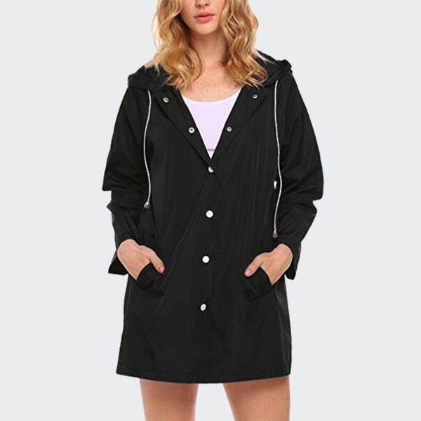 

feitong hooded women rain trench coat outdoor waterproof windproof pocket raincoat casual solid autumn winter coat for women1, Tan;black