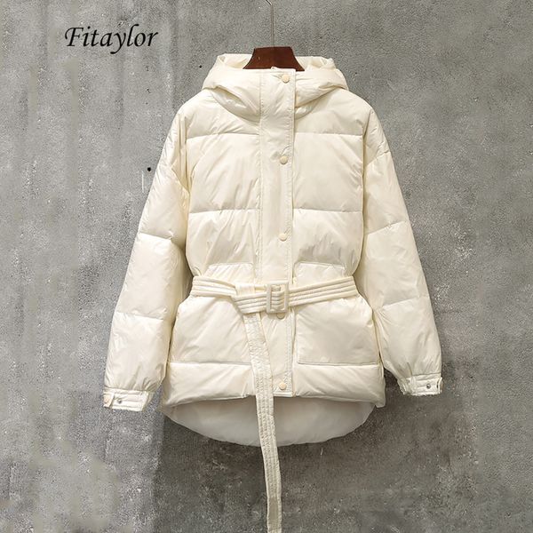 

fitaylor winter ultra light women down jacket warm white duck down hooded parkas female single breasted snow outerwear with belt 200922, Black
