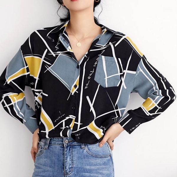 

autumn new arrival women long sleeve vintage loose blouse elegance print chiffon shirt office lady button up korean t09707z1, White