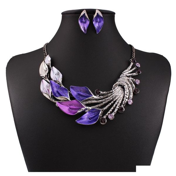 

new women austrian crystal enamel jewelry sets flower 4 colors jewelry sets chain necklace earrings sets pcpyx, Silver