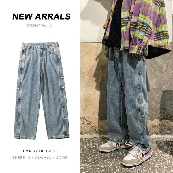 

vintage blue jeans men double side button straight casual fashion streetwear loose trousers harajuku wide leg harem pants 2xl