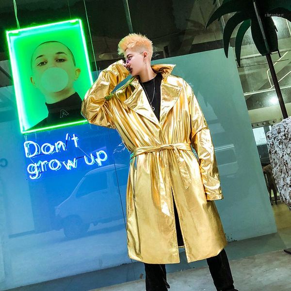 

men's trench coats autumn men fashion casual long slim fit shiny jacket male hip hop dancer singer stage costume custom made coat homme, Tan;black