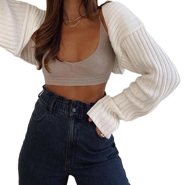

women long sleeve ribbed knitted shrug autumn vintage open front loose solid color cropped cardigan casual warm outwear top, White