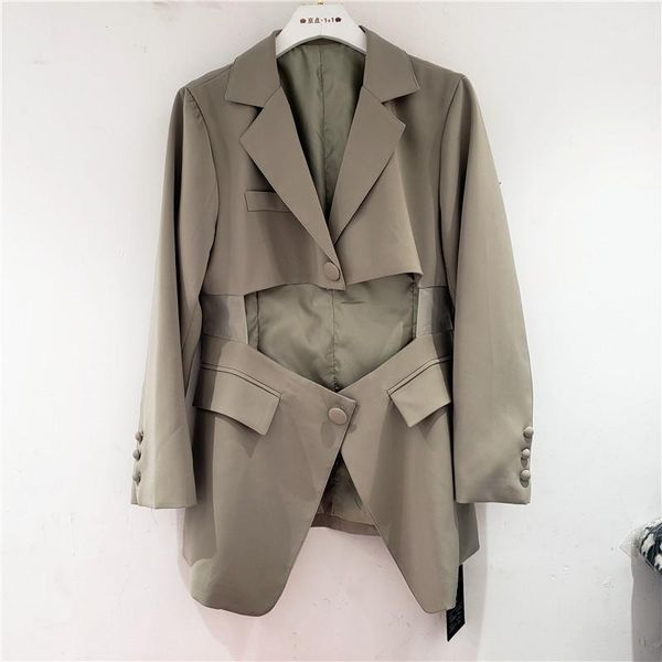 

ewq] 2020 autumn european goods fashion hole design jacket irregular waist loose blazer 4 color loose casual all-amtch suit1, White;black
