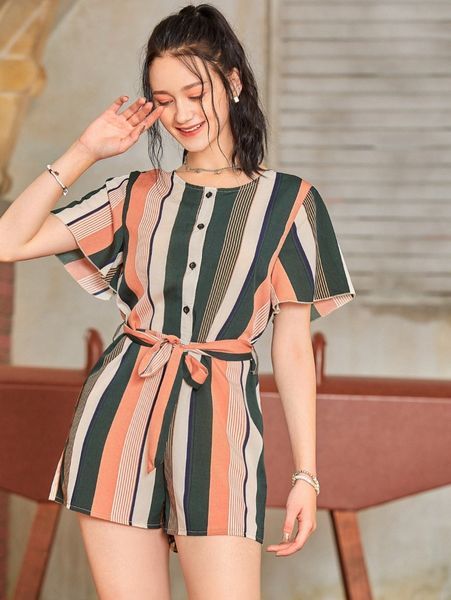 

block striped half button self tie romper 74q3#, White