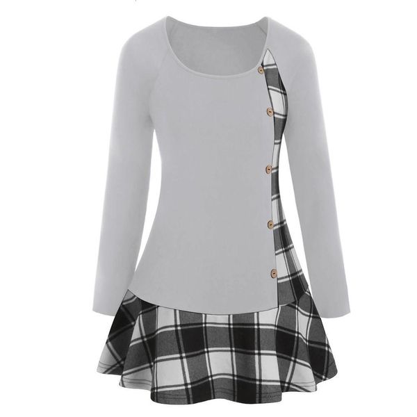 

футболка женщины осень плюс размер клетки блокнот резьбы топы туника проверяют панель милая шея футболка повседневная длинная рукава женский, White