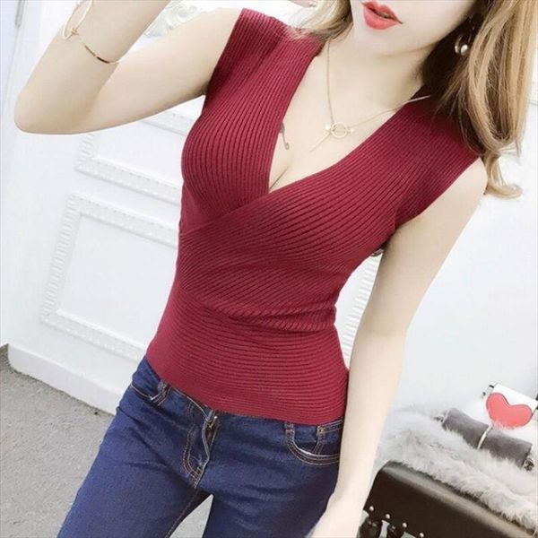 

women deep v neck bottoming out sleeveless vest low cut cross straps elastic sleeveless knitting tank top, White;black