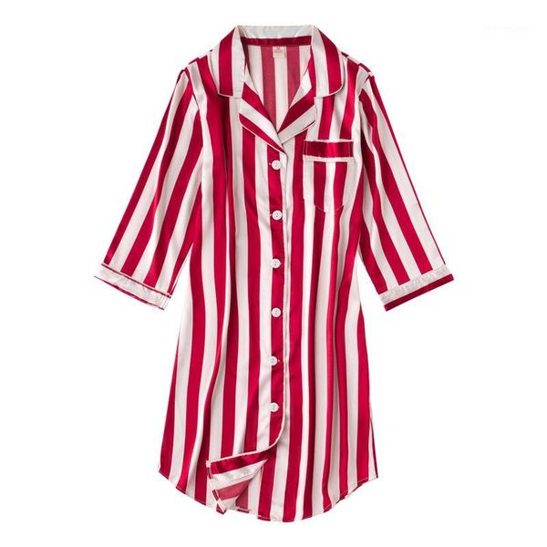 

women's sleepwear three quarter sleeve summer silk fashion home service nightdress ladies striped printing simulation cardigan nightgow, Black;red