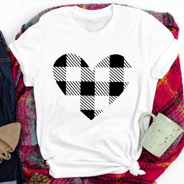 

plaid love heart new year short sleeve tees for women lady merry christmas print tshirt clothes graphic female t t shirt, White