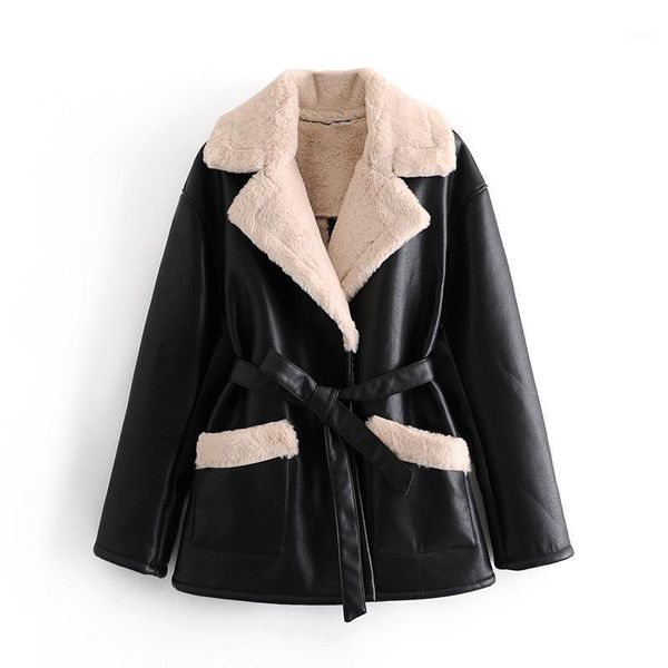 

2021 women fashion fur faux leather thick warm jacket coat vintage long sleeve tied belt female outerwear chic, Black;brown