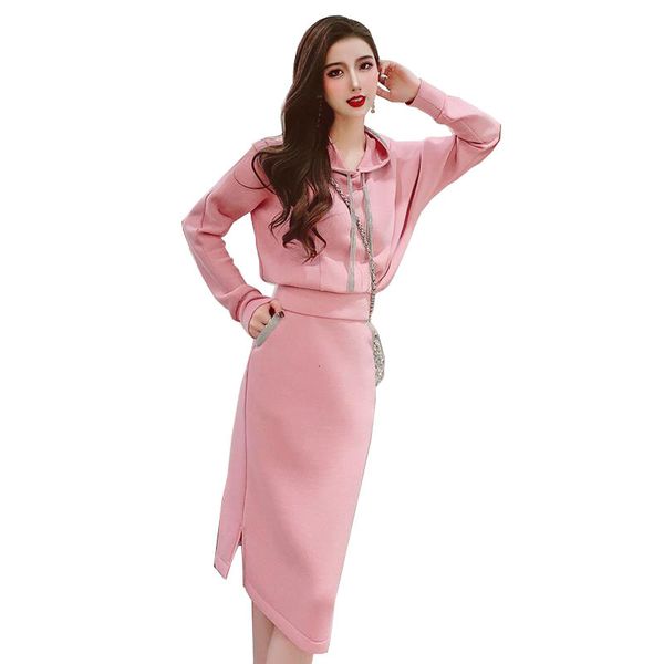 

2021 new women pink 2021new lady spring autumn sweet set female sweatshirt+skirt two-piece suit plus size b696 hadg, Black;gray