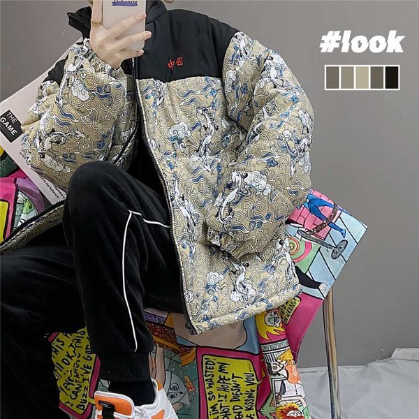 

new chinese brand men's thick cotton jacket with chinese characters windproof fabric thick warmth digital printing thicker inside m-xl, Black;brown