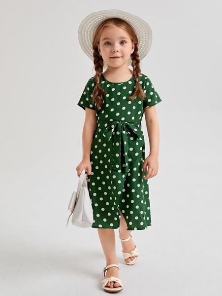 

toddler girls polka dot split front belted dress she, Red;yellow