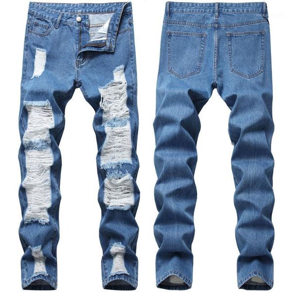 

men's jeans punk style men multi-hole straight washed full length ripped casual solid color denim trousers male1, Blue