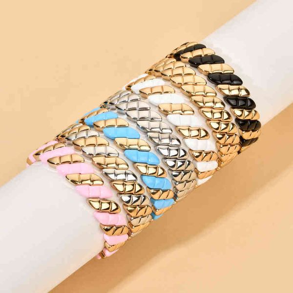 

summer gold color beads tile enamel bracelet silver color beaded punk stretch bracelet enamel pulseira fashion jewelry gift 220117, Golden;silver