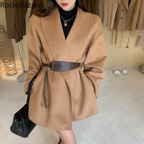 

women's wool & blends khaki black solid v-neck with belt sashes blend slim coat korean women elegant overcoat trench windbreaker chaque
