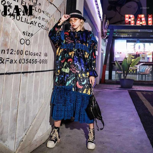 

eam] women blue pattern print velvet big size dress new stand collar long sleeve loose fit fashion spring autumn 2020 1b3131, Black;gray