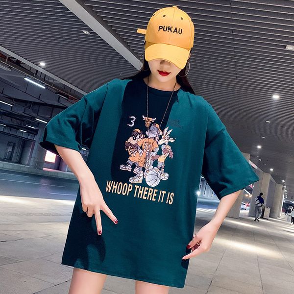 

l8919# new short sleeve women's t-shirt loose large version clothes xiaoxiang spoof fashion korean medium and long cartoon, White