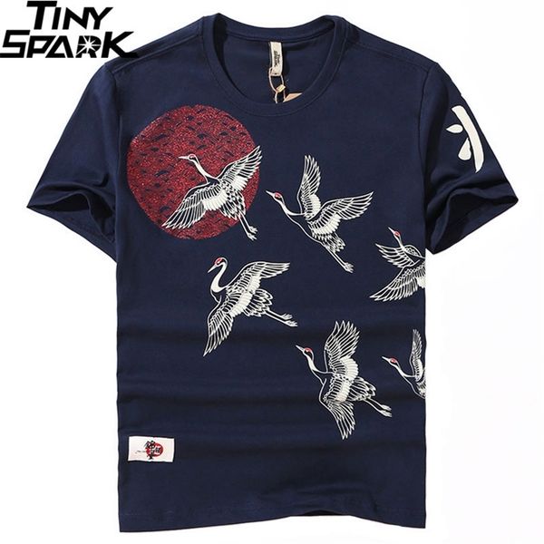 

japanese streetwear t shirt crane sun print mens harajuku t-shirt summer hip hop tshirt cotton short sleeve tees black lj200827, White;black