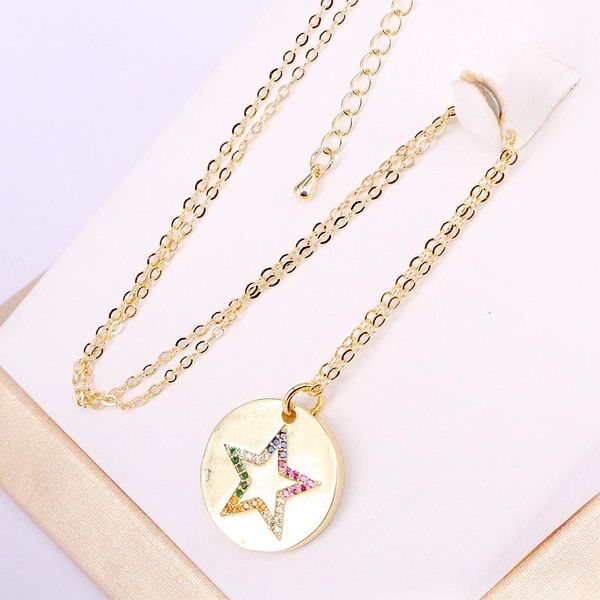 

6pcs, fashion cz micro pave star in round pendant colorful zirconia crystal gold filled rainbow lady girl elegant necklaces, Silver