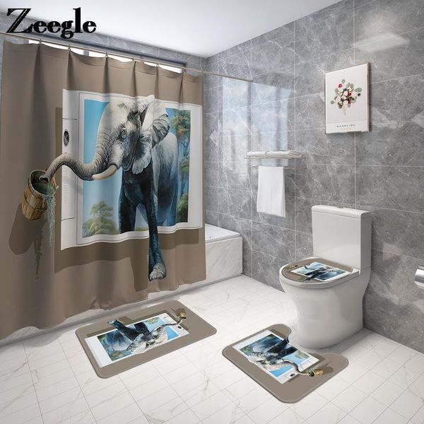 

animal print bathroom and shower curtain microfiber toilet carpet non-slip seat cushion absorbent bathroom mat set