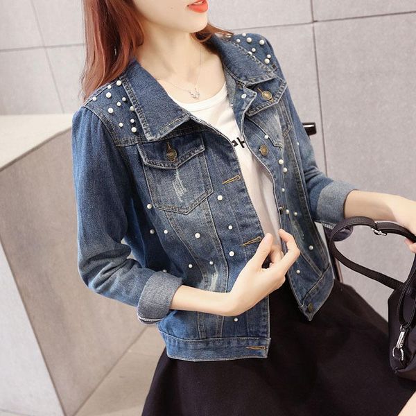 

women's jackets #3333 denim jacket women with pearls slim retro jeans coat ladies plus size 4xl 5xl vintage short blue outwear streetwe, Black;brown