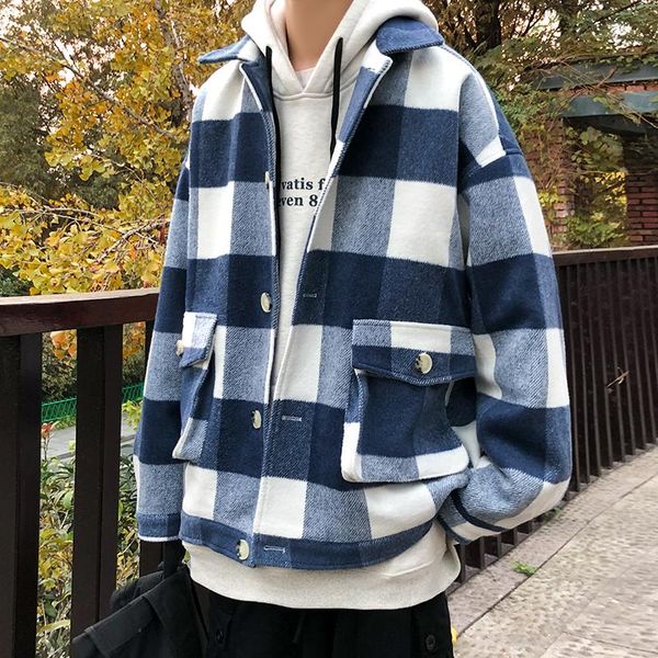 

men's wool & blends korean plaid woolen coat fashion casual retro oversize men loose autumn winter short mens overcoat, Black
