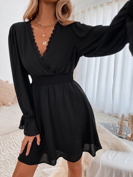 

lace detail shirred dress l8kq#, Black;gray