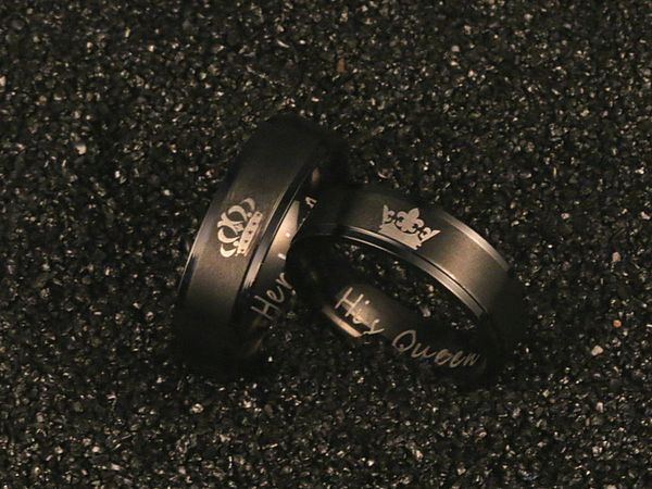 

factory79q6color ip black plated kol 316l stainless 6mm steel his queen and her king couple rings for lovers k3492, Silver