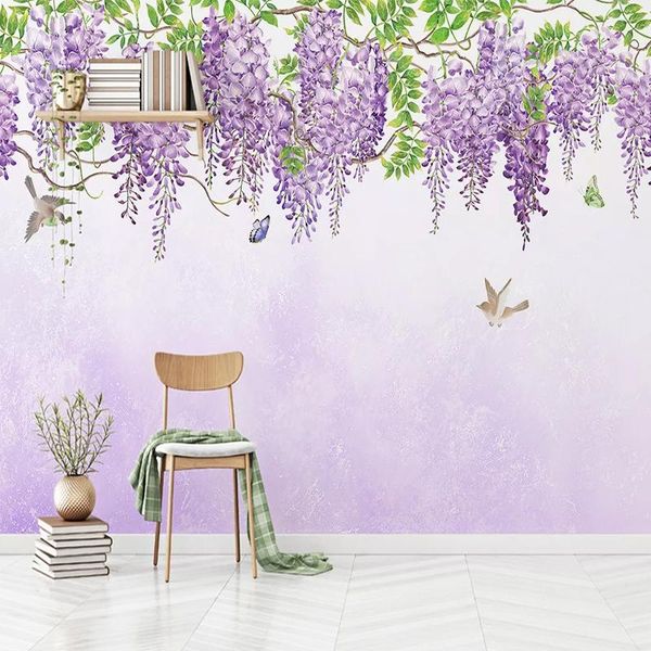 

self-adhesive mural wallpaper 3d beautiful hand-painted purple flowers birds and butterflies p wall paper waterproof sticker