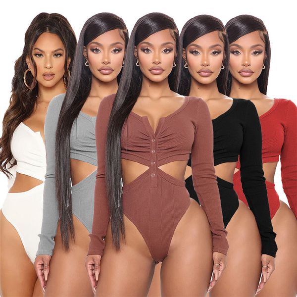 

plus size slim womens jumpsuits deep v concealed button hollow bodysuit high waist long sleeve women rompers, Black;white