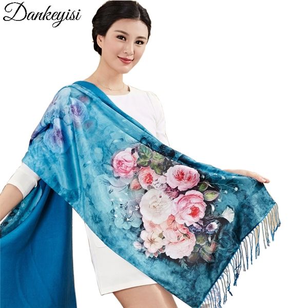 

dankeyisi brand foulard femme hijab bandana scarf women long tassel floural print scarf winter shawl 100% silk scarves female 201026, Blue;gray
