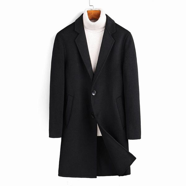 

men's wool & blends woolen coat 2021 fall and winter double-sided solid color cashmere long slim korean jacket, Black