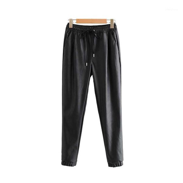 

vintage stylish pu leather pockets pants women 2020 fashion elastic waist drawstring tie ankle trousers pantalones mujer1, Black;white