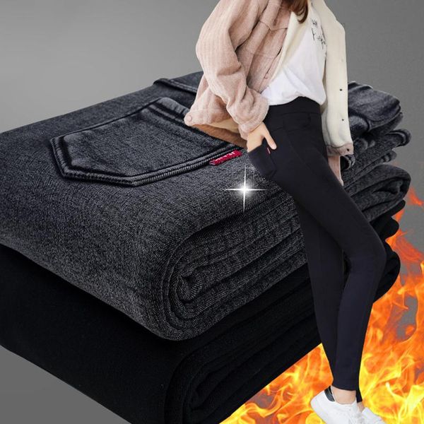 

women's pants & capris skinny elastic denim pancil female trousers thicken black jeans plus velvet insulated winter warm for women, Black;white