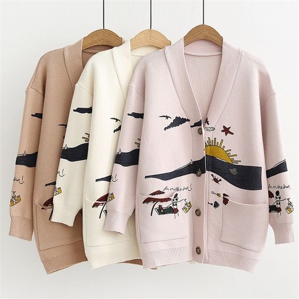 

cardigan sweater women's autumn and winter new loose cute print joker long sleeve women's knitted jacket sweaters oversize 201016, White;black