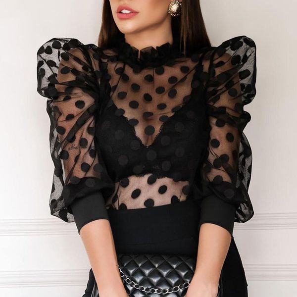 

fantoye white mesh see through dot ruffled blouses women 2021 spring long puff sleeve transparent black slim shirts c0129