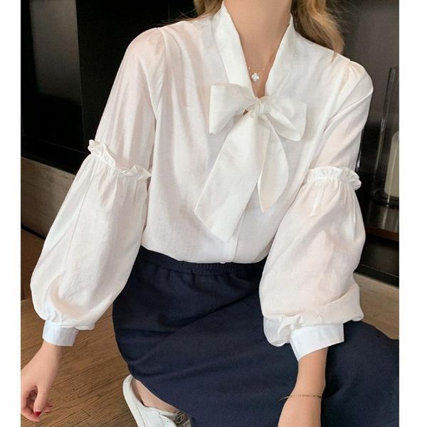 

women long sleeved shirt lolita retro bow-neck white chiffon blouse magogo