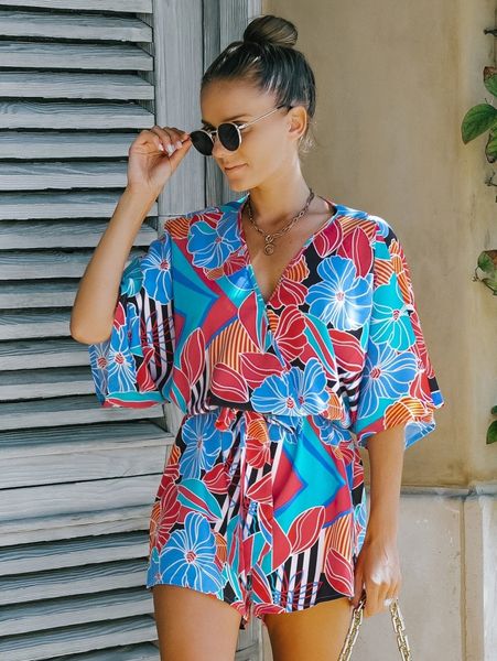 

random striped & floral print dolman sleeve belted romper g833#, White