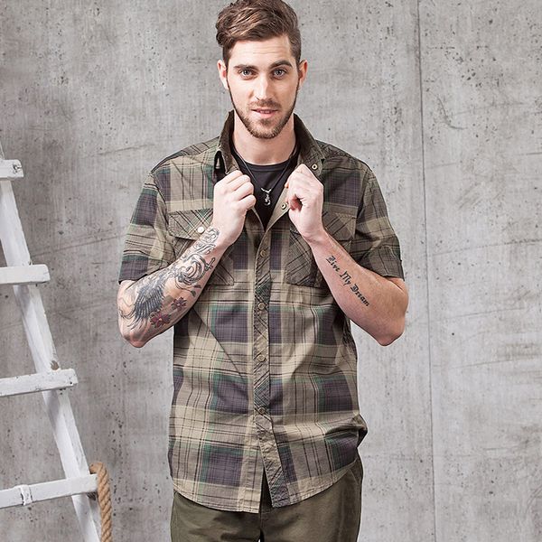 

2021 new casual male button plaid shirt pure cotton short sleeve army uniform military style clothes summer men's thin shirts innh, White;black