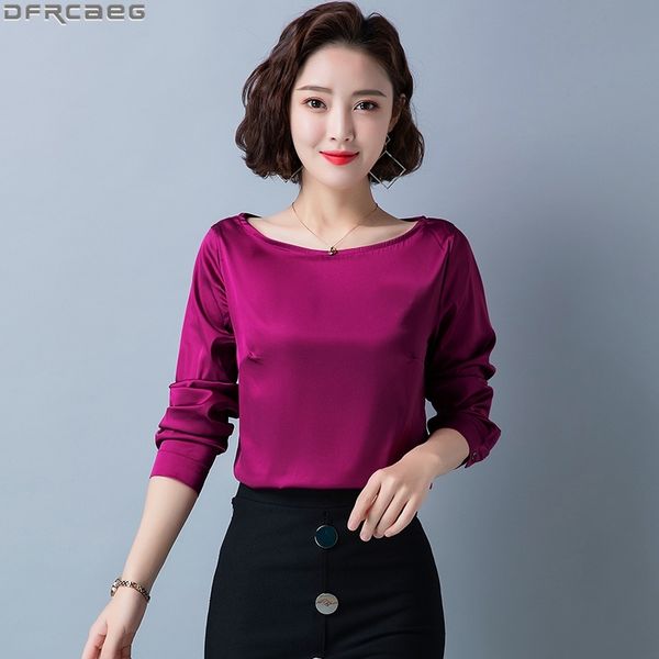 

11 colors elegant long sleeve women casual summer elastic satin basic plus size shirt loose slash neck silk blouse femme y200622, White
