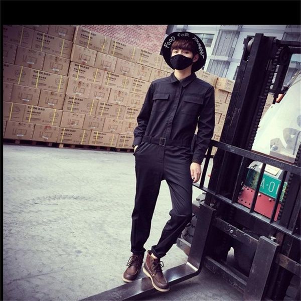 

spring and summer new men's work clothes one piece pants small feet fashionable pants long sleeve one piece clothes hairstyle big size, Black